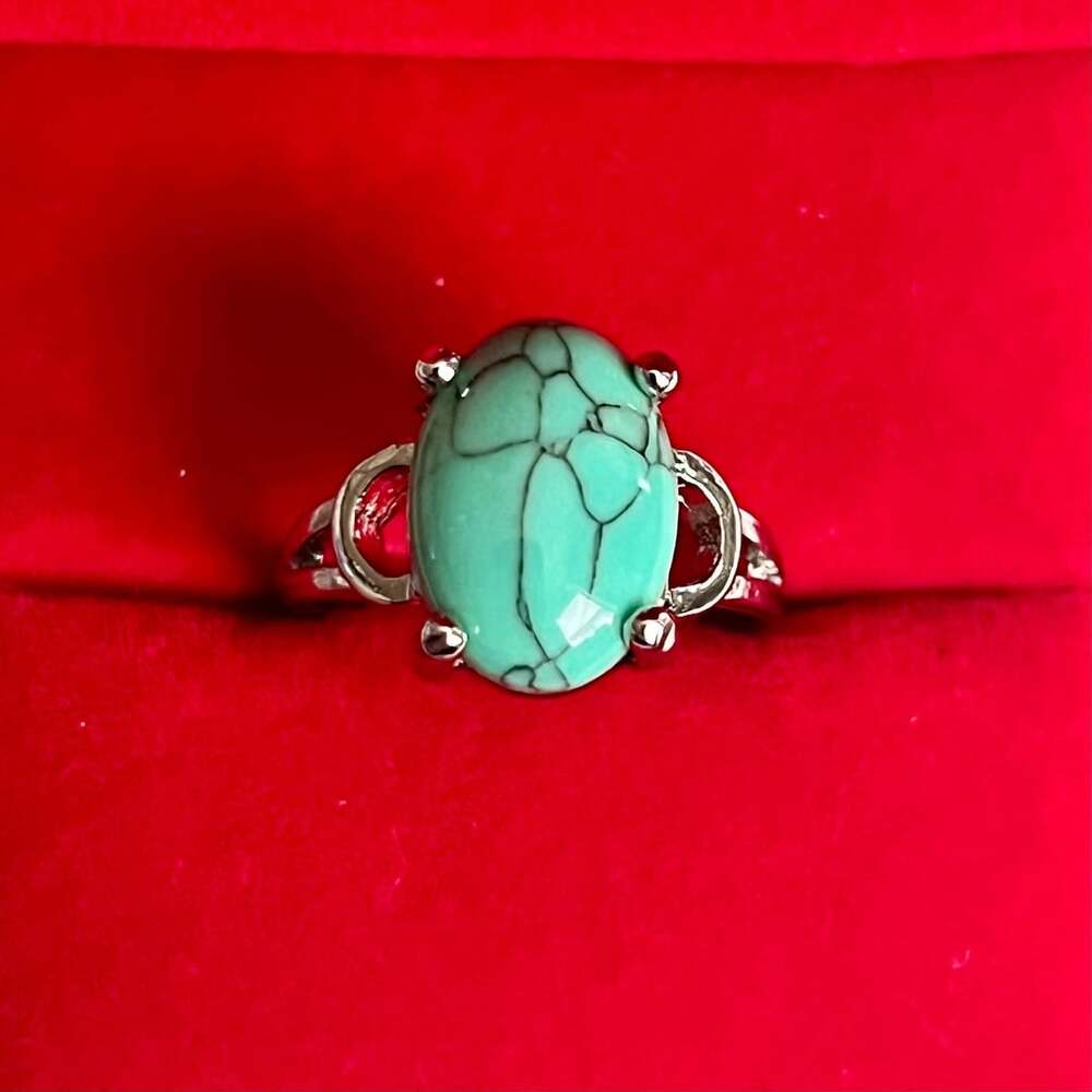 Turquoise Ring Oval Silver Green Stone Bohemian Ring Size 6